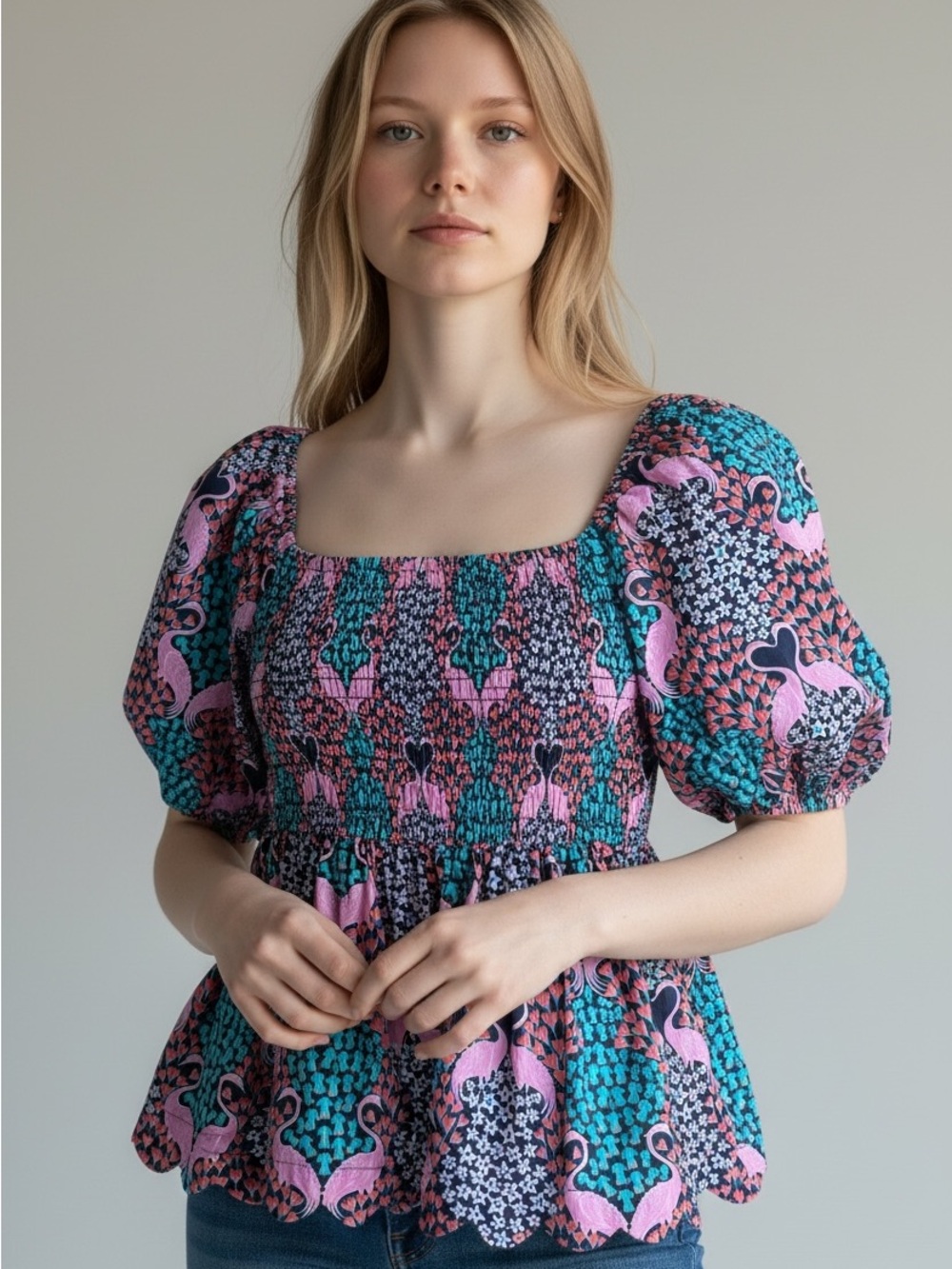 NWT Simply Southern Puff Sleeve Smocked Tropical Flamingo Top Size XL
